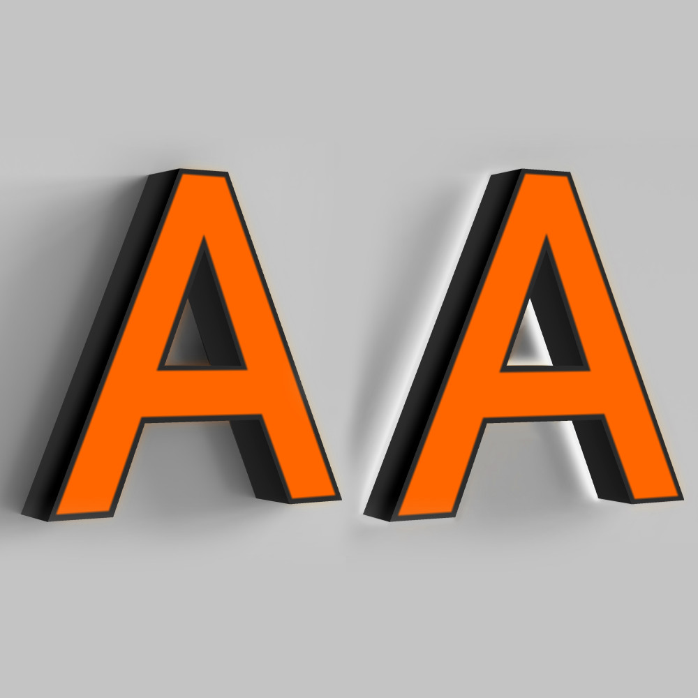 Standard Channel Letter — Front-lit (left) and front-and-back-lit (right) letter examples