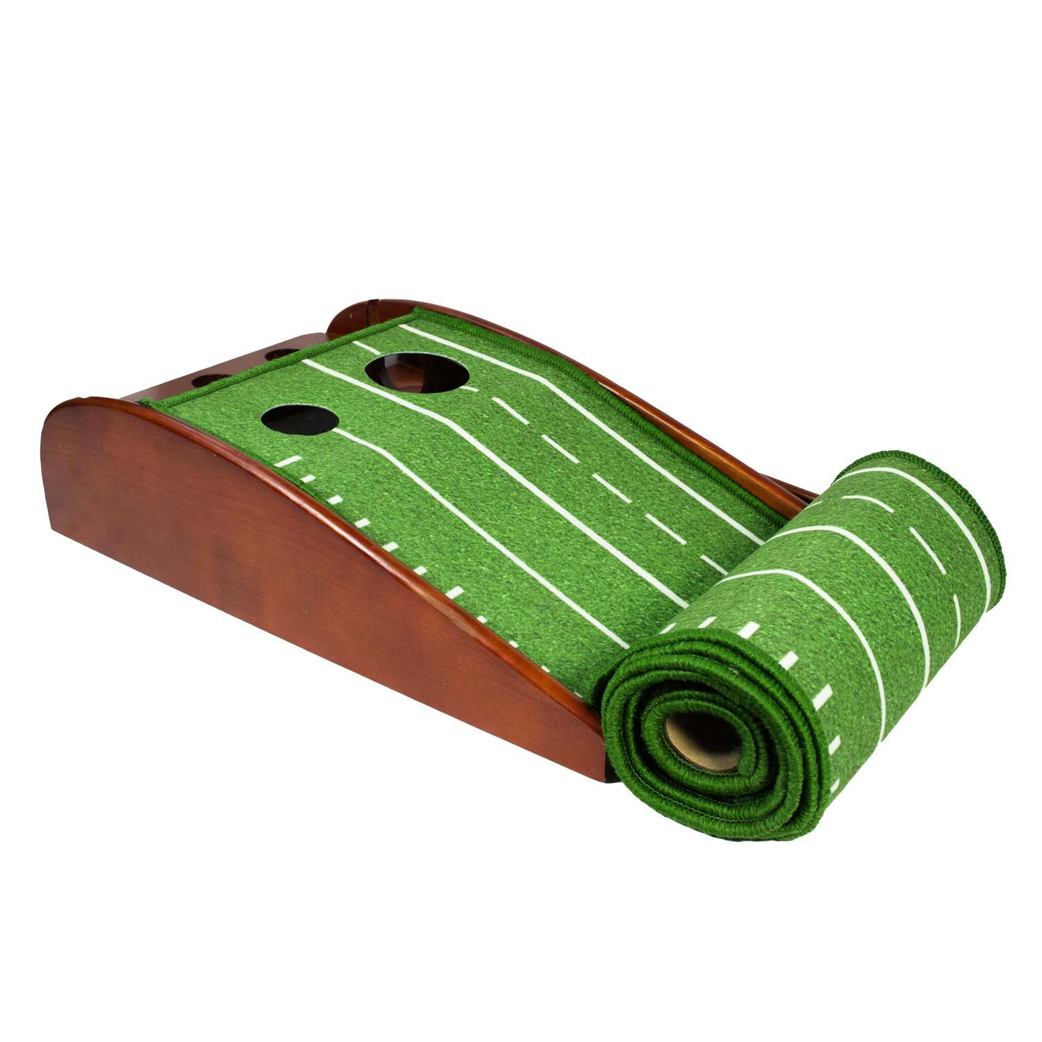 Putting Green Trainer — Manufacturer reference: putting green rolled for storage; actual wood return ramp and twin targets.